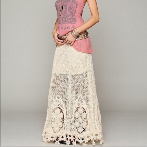 🤍 Free People Mi Amore Maxi Skirt Cream Crochet size 2 Cotton - Picture 2 of 9